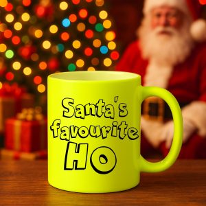 Naughty Christmas Mug – Santa’s Favourite Ho, Neon Yellow