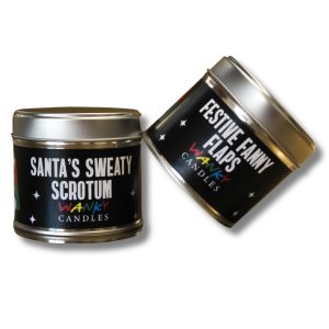 Rude Christmas Tin Candles – Santa’s Sweaty Scrotum & Festive Fanny Flaps, Pack of 2